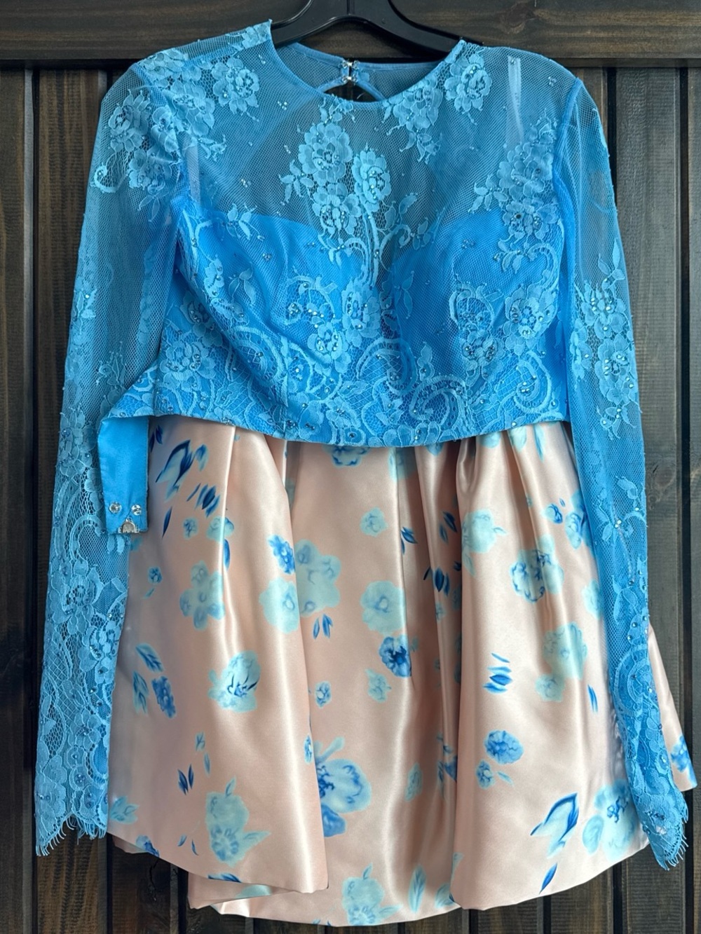 Sherri Hill Bright Blue Dress with Blush floral skirt